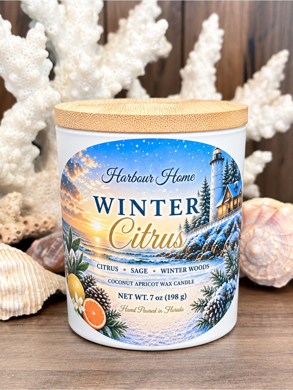 Winter Citrus Scented Candle - White with Wood Lid Harbour Home Gifts